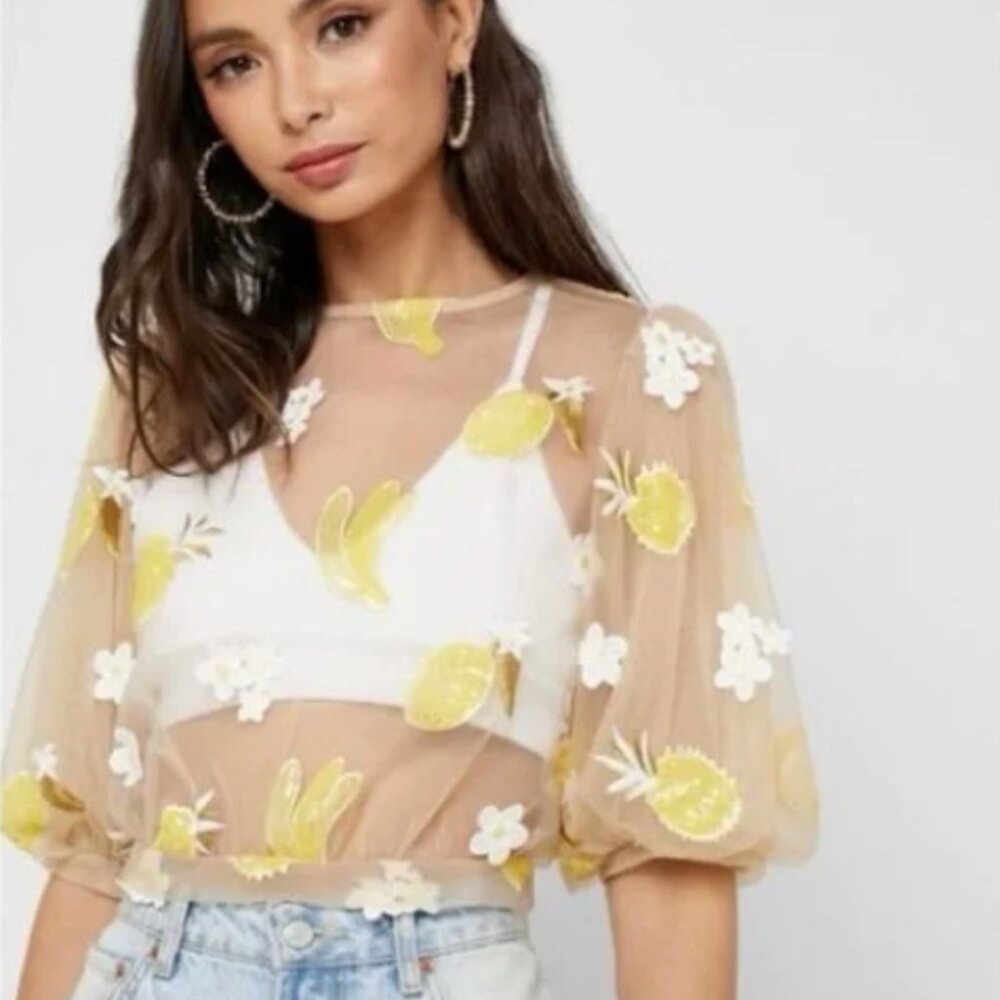 Topshop Top 6 Fruit Floral Sheer Banana Pineapple Lemon Sequin Embroidery yellow